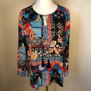 Laurel Grey Colorful Long Sleeve Lightweight Bohemian Top Size M